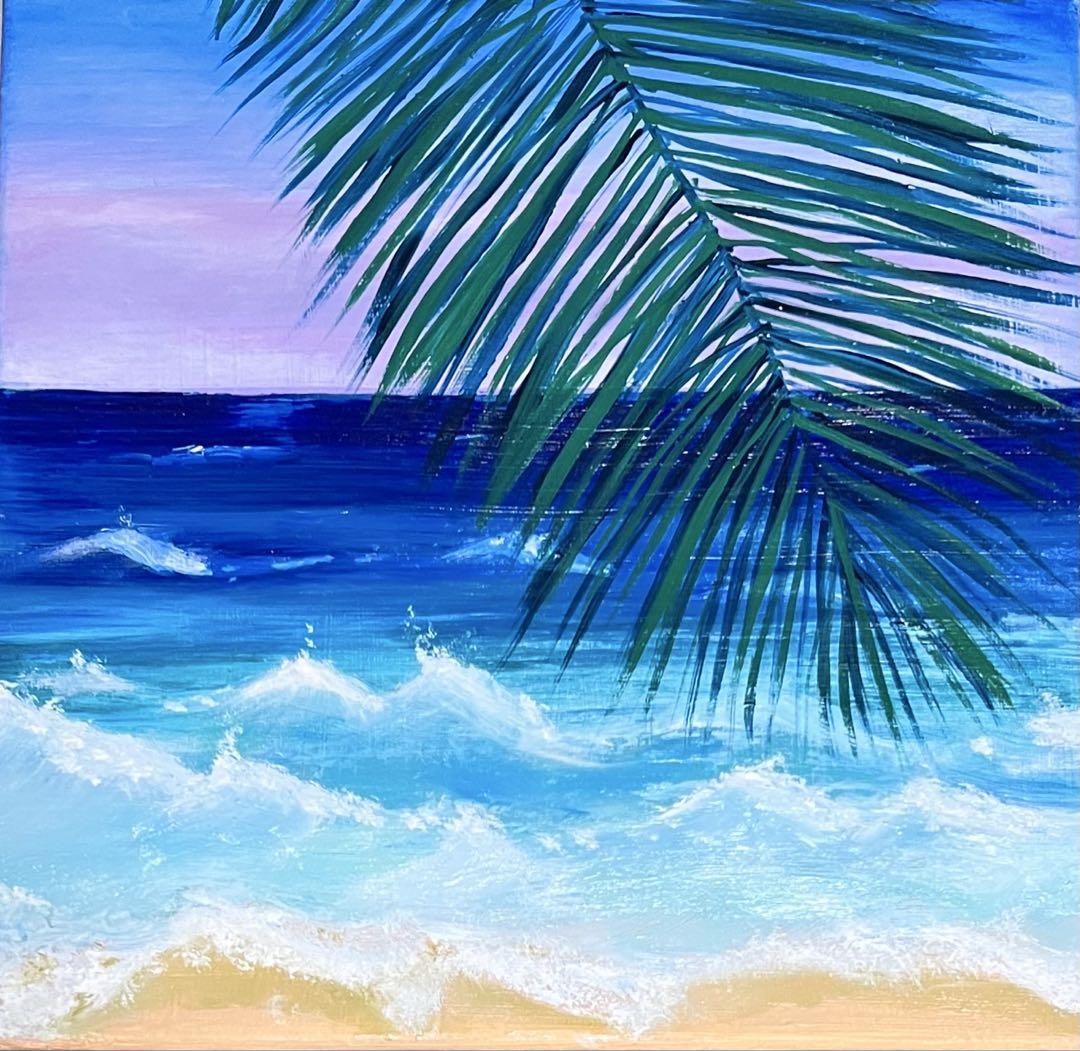 海とヤシの葉の油彩画