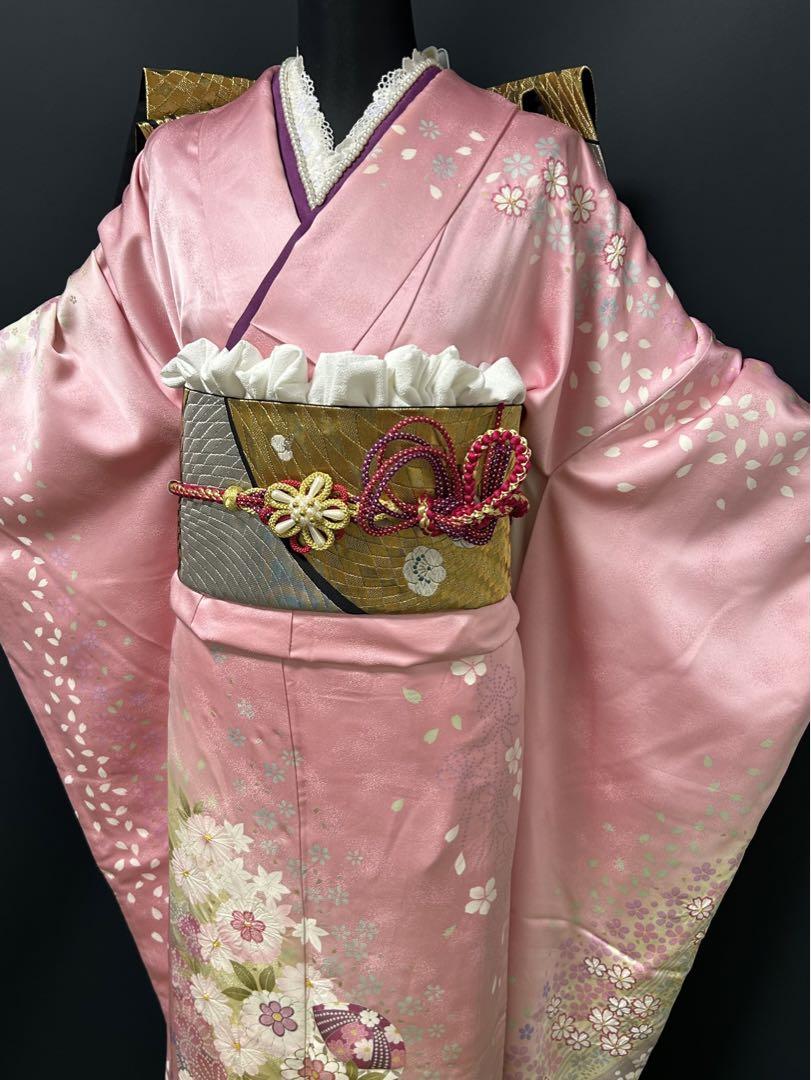 【やや訳あり品】きものやまと誂製 桜色と薄紫色に花模様 豪華成人式振袖7点セット 画像2