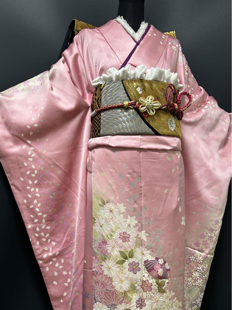 【やや訳あり品】きものやまと誂製 桜色と薄紫色に花模様 豪華成人式振袖7点セット 画像5