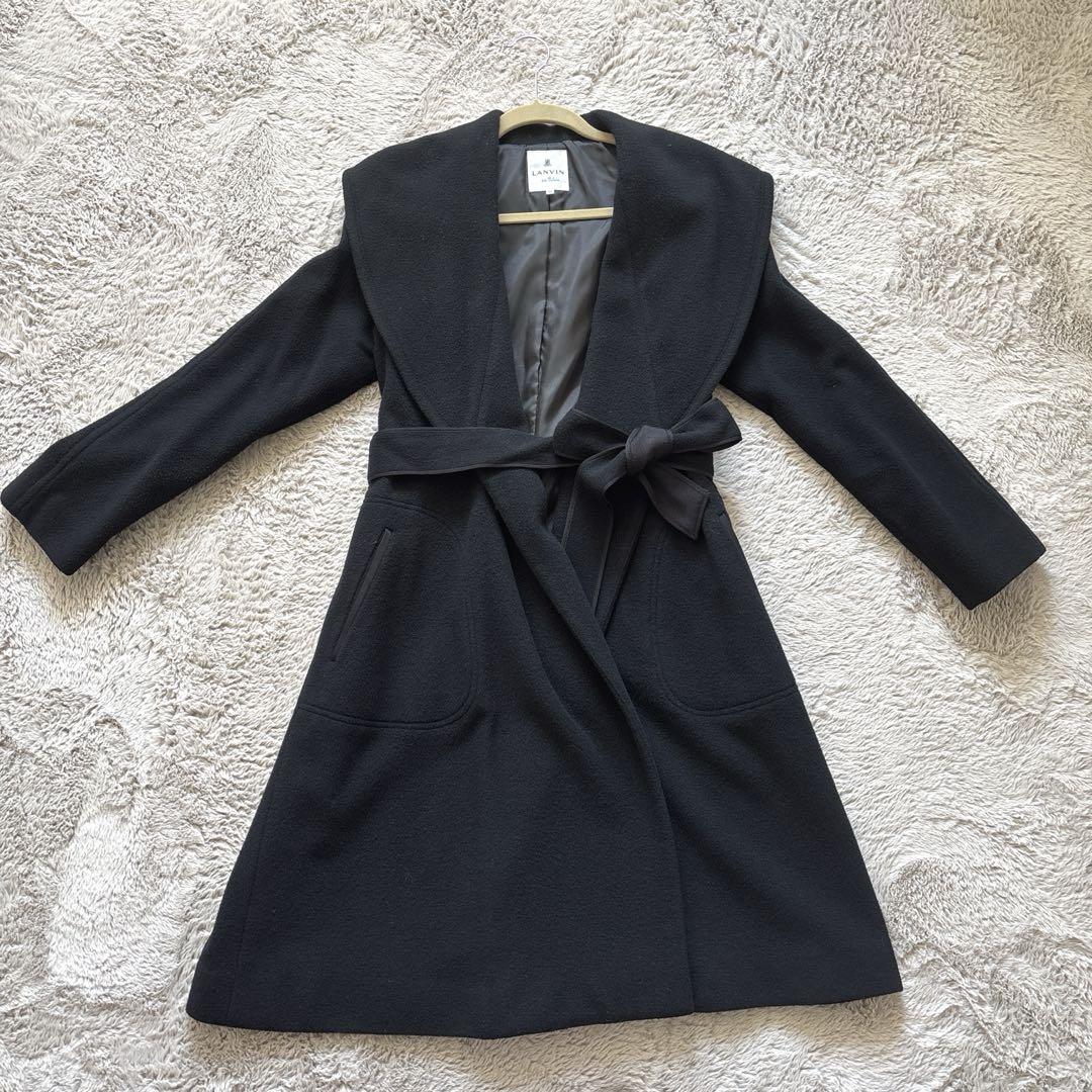 美品最安値 LANVIN en bleu　ビッグカラー　ウール　黒 ロングコート