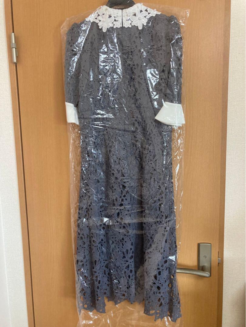 LEJA 花柄レースカラースパンコールAラインフレアドレス ブルー　M