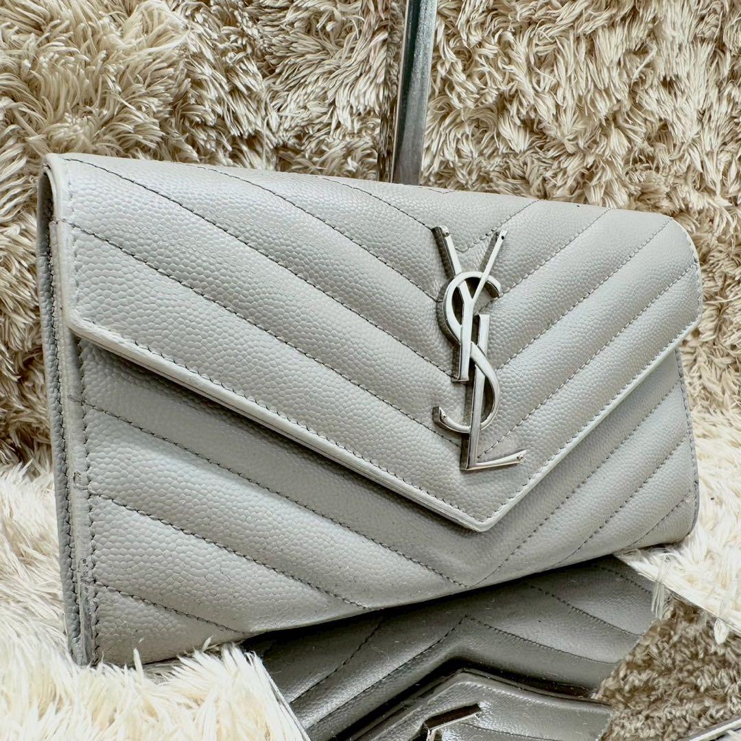 【美品】サンローラン 長財布 フラップ グレー Vステッチ キャビアスキン 美品】サンローラン 長財布 フラップ グレー Vステッチ キャビア