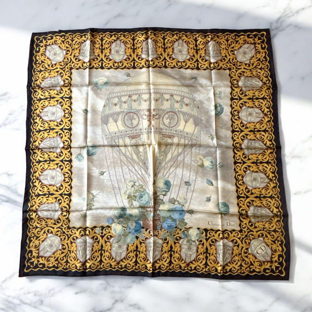美品 Dior vintage シルク スカーフ 気球 ローズ バロック 絵画風