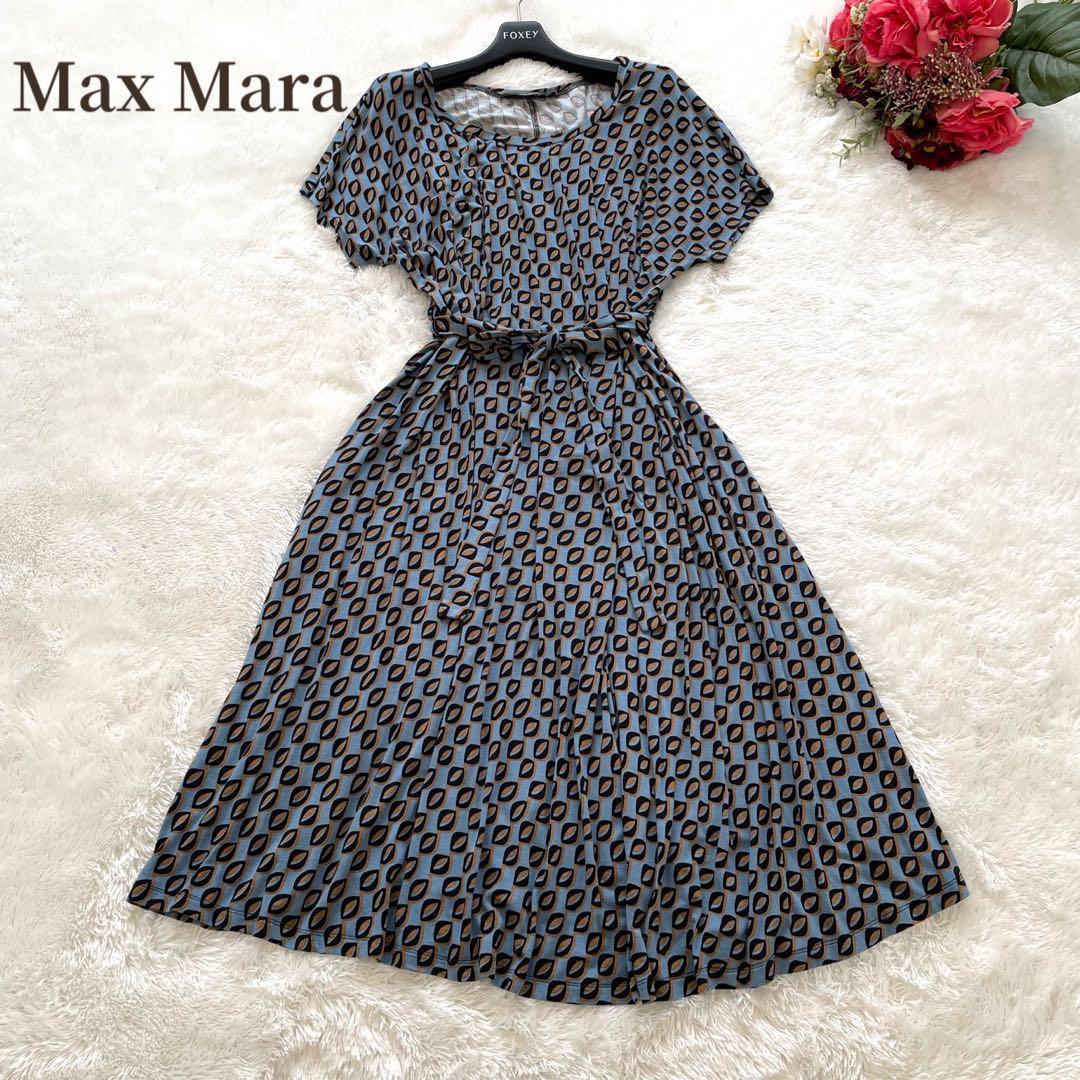 Max Mara✨大きめサイズ✨ワンピース　膝丈　半袖　総柄　水色　腰リボン L