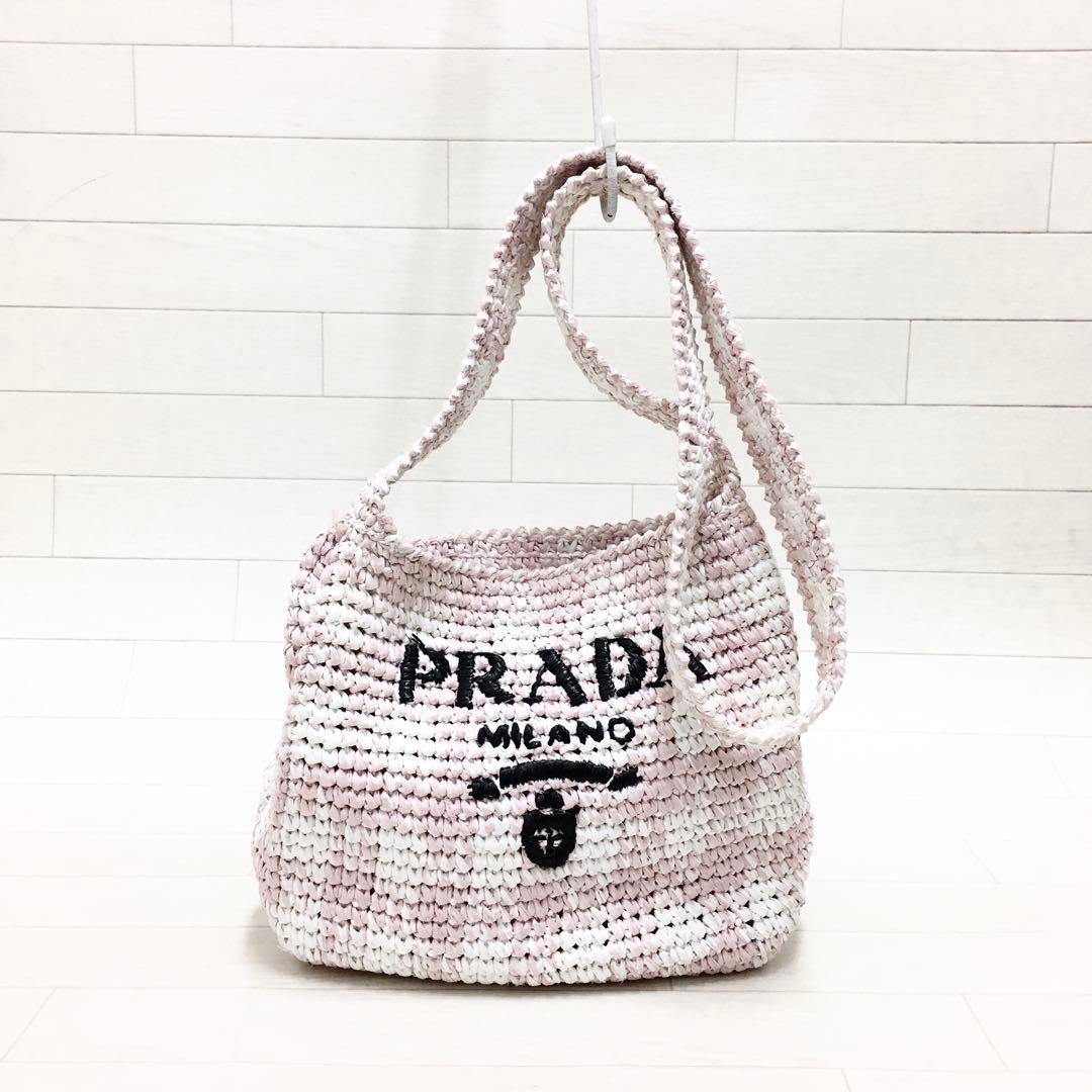 PRADA スモールクロシェ ラフィア ショルダーバッグ ツートン