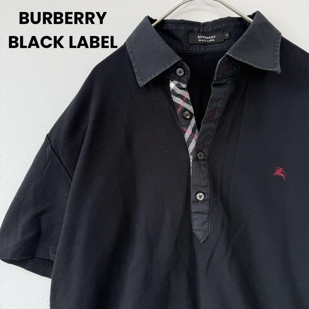 【タグ付】BURBERRY 編み上げ 襟付きシャツ 刺繍 ブラック 大きいサイズ 希少デザイン✨】バーバリーブラックレーベル 襟付きポロシャツ