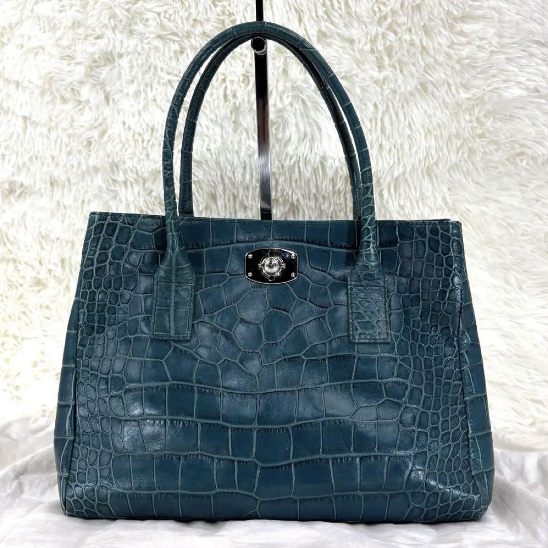 美品 希少カラー フルラ クロコ トートバッグ ターコイズグリーン