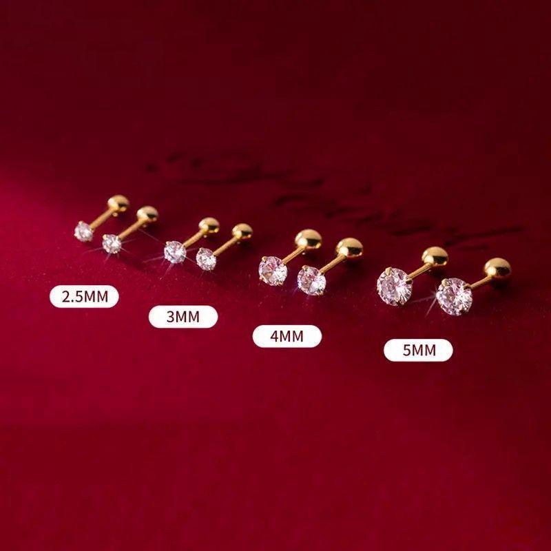 015Ai【シンプル】ピアス 一粒CZダイヤ 5mm ネジ式 S925 ゴールド