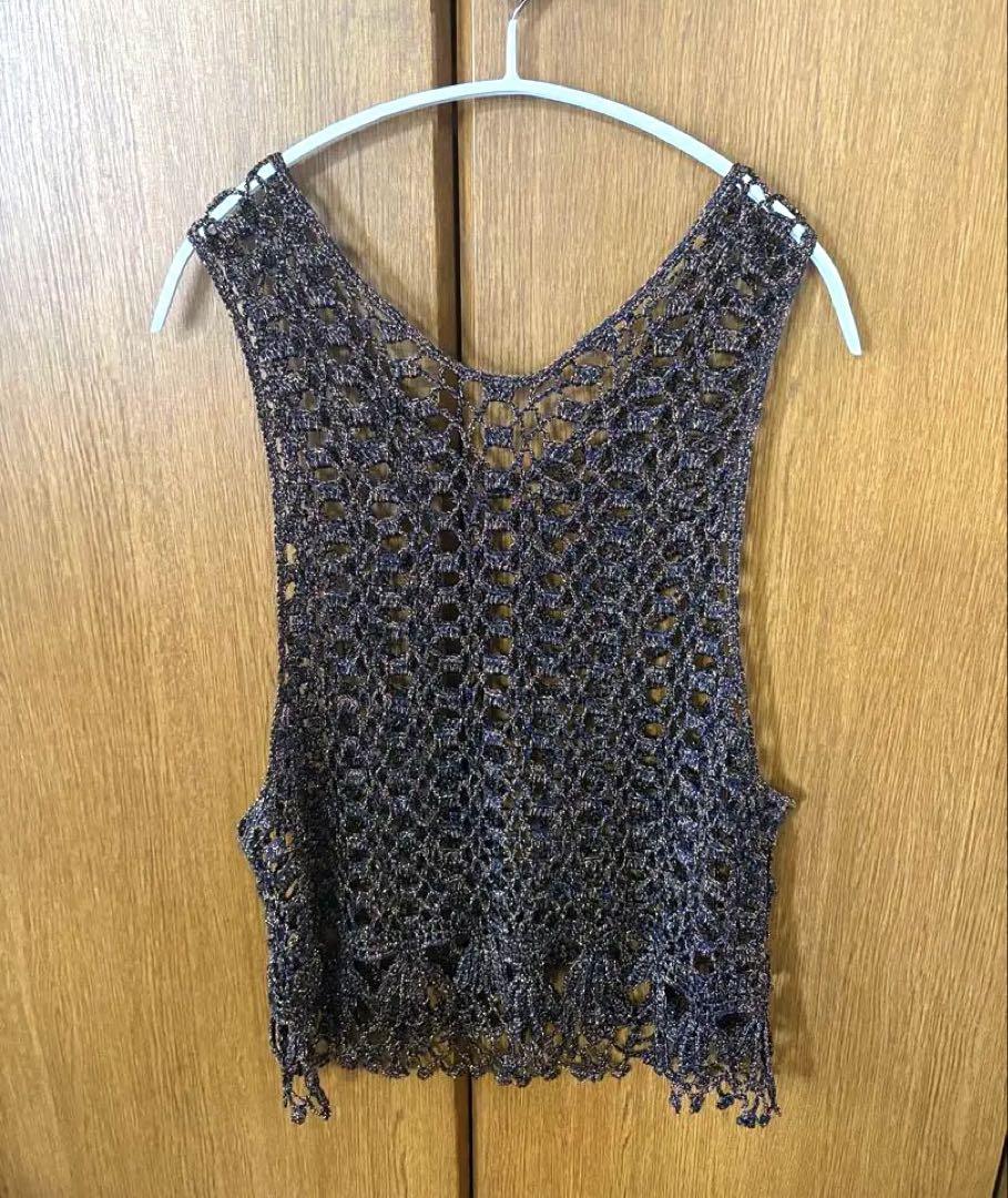 新品♡一点もの♡ブラウン ラメ　 レース手編みベスト フリンジ付き