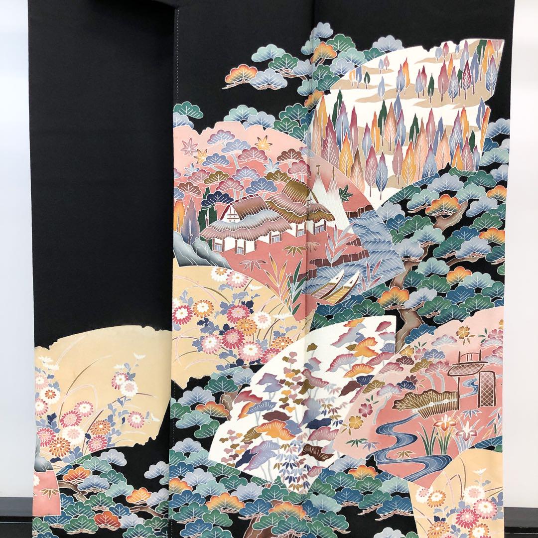 黒留袖 作家物 友禅 地紙に松花模様 風景柄 K-4454