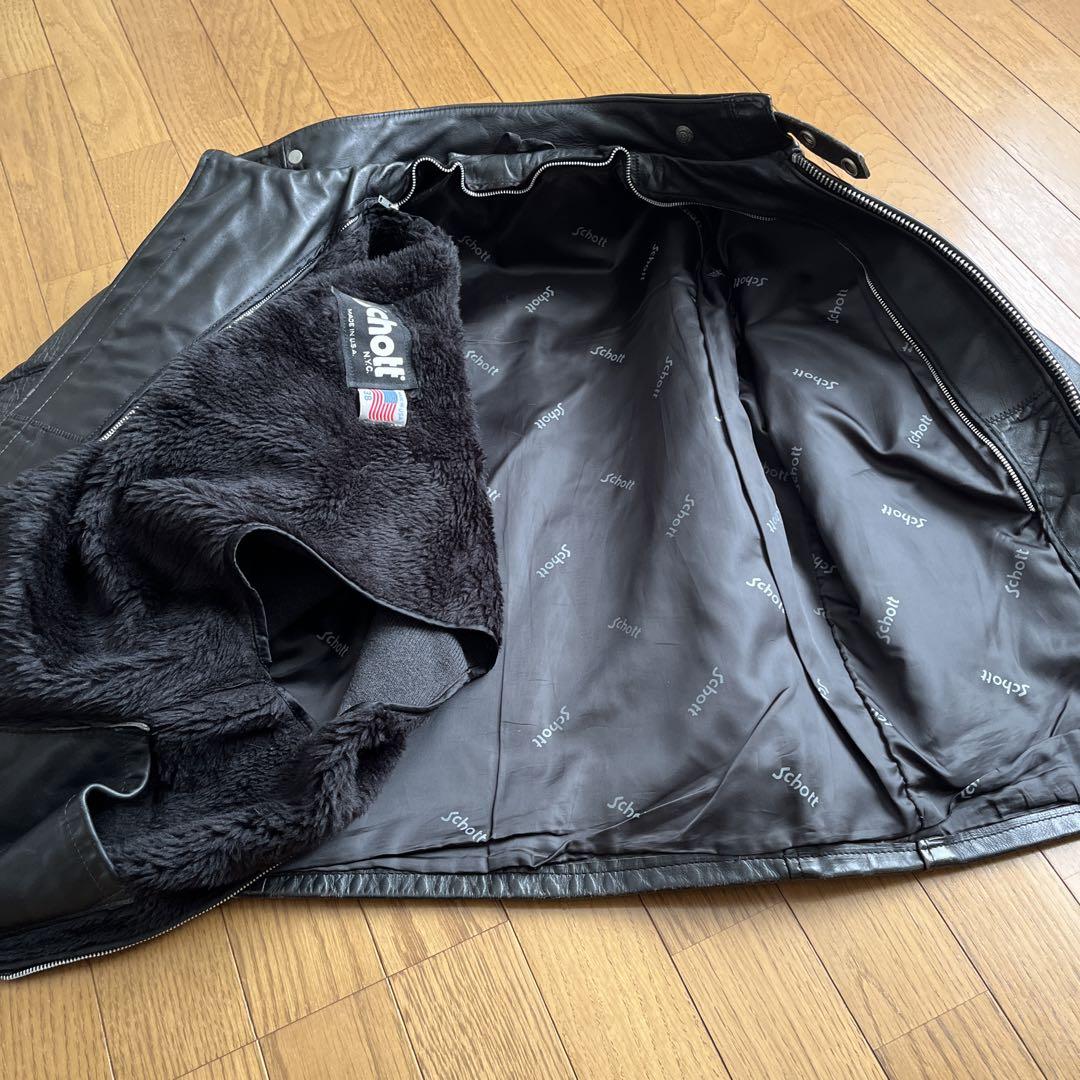 Schott ブラックレザージャケット 38 米国製】Schott レザー ライダースジャケット 黒 38 馬革 ダブル