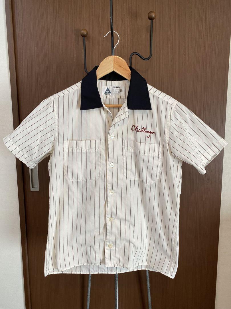 CHALLENGER ストライプワークシャツ S 刺繍ロゴ ボーリングシャツ