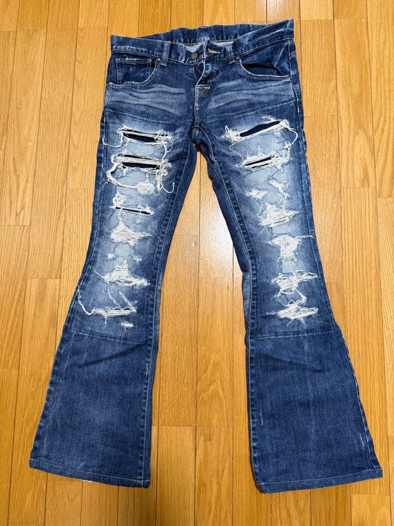 トルネードマート ダメージ加工ダークブルー ベルボトム デニムM TORNADO MART