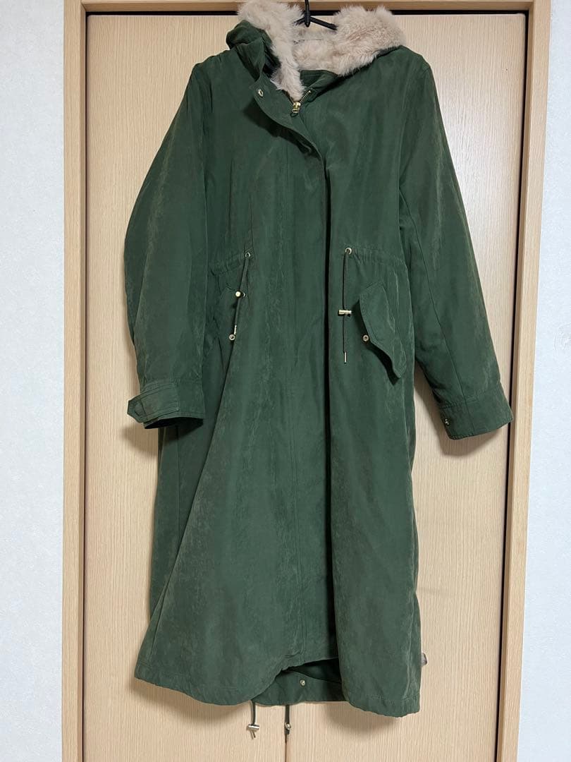 オリーブグリーン フリースライニング モッズコート 毛皮ラビット