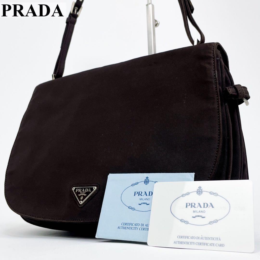 極美品】PRADA プラダ サテン 三角ロゴ ダークブラウン