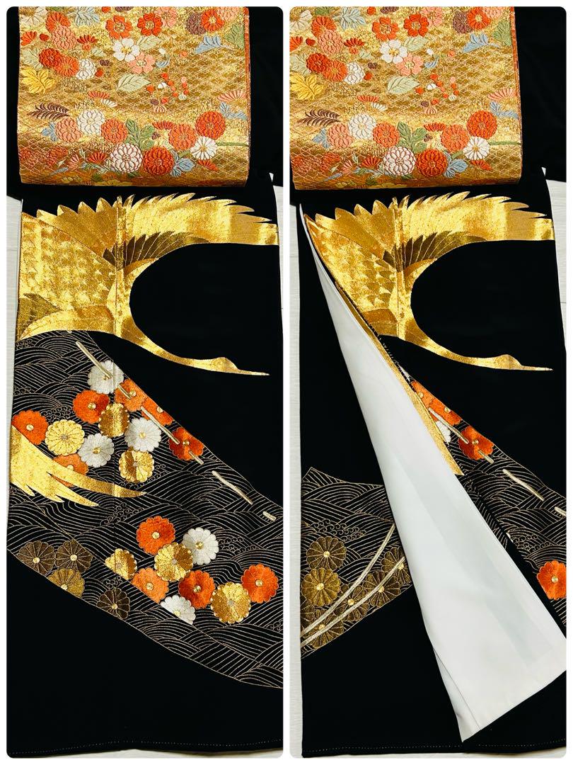 豪華な大きめ綿密総刺繍のゴージャスな黒留袖 23点フルセット　高級唐織袋帯