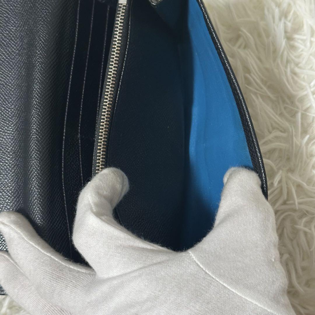 BVLGARI 長財布 シルバーリング 型押し レザー ブラック フラップ