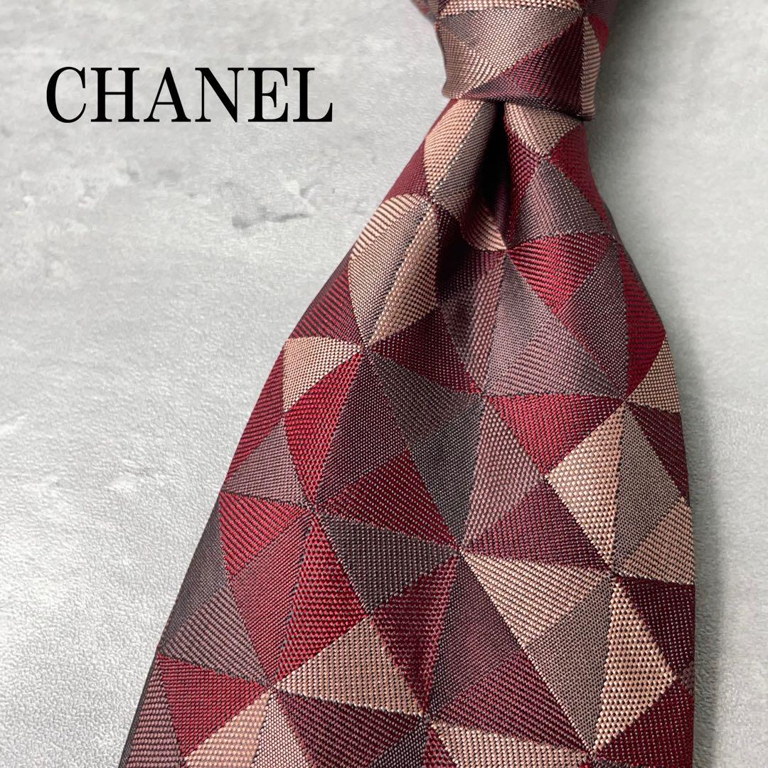 美品 CHANEL シャネル パネル柄 幾何学模様 ネクタイ ボルドー ワイン