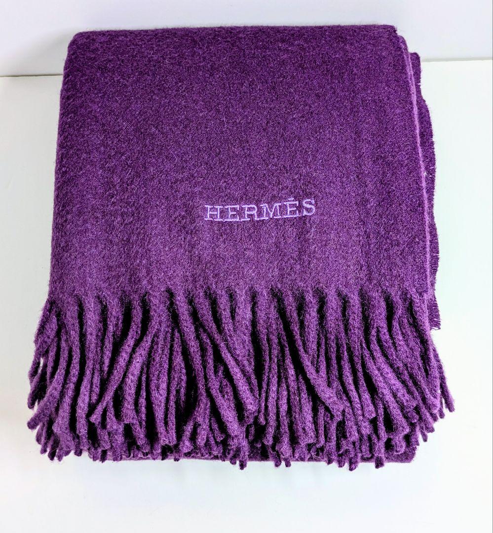 HERMES エルメス カシミヤ100％ ロゴ刺繍フリンジ付 大判 ショール
