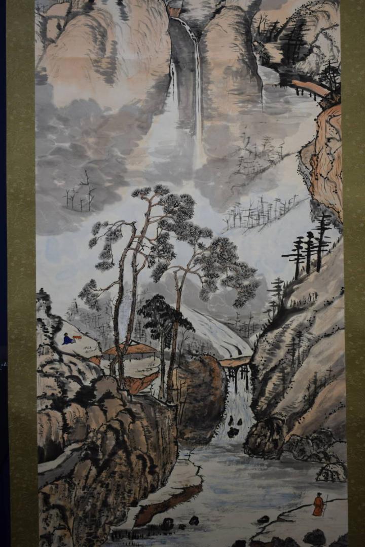 真作/観月/夏景山水人物画賛/布袋屋掛軸HE-663 真作/観月/夏景山水人物画賛/布袋屋掛軸HE-663 美術品