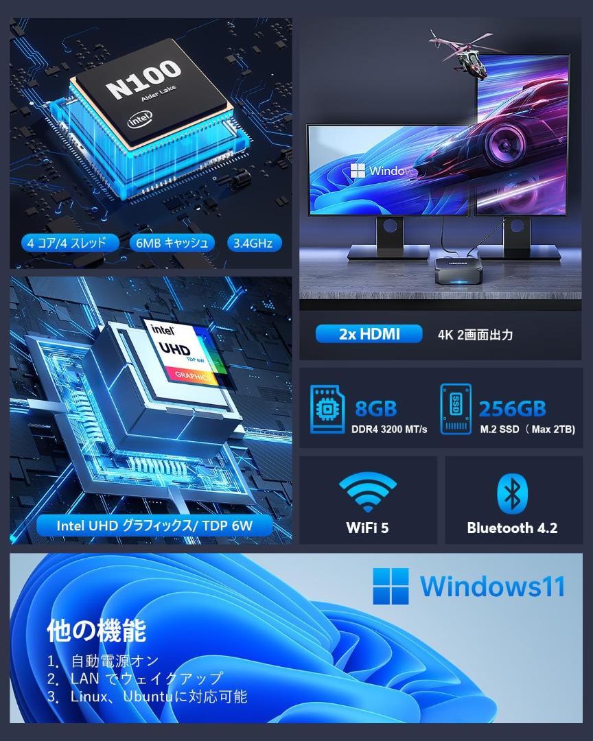 [新品] NiPoGi ミニpc n100 8GB DDR4 256GB SSD