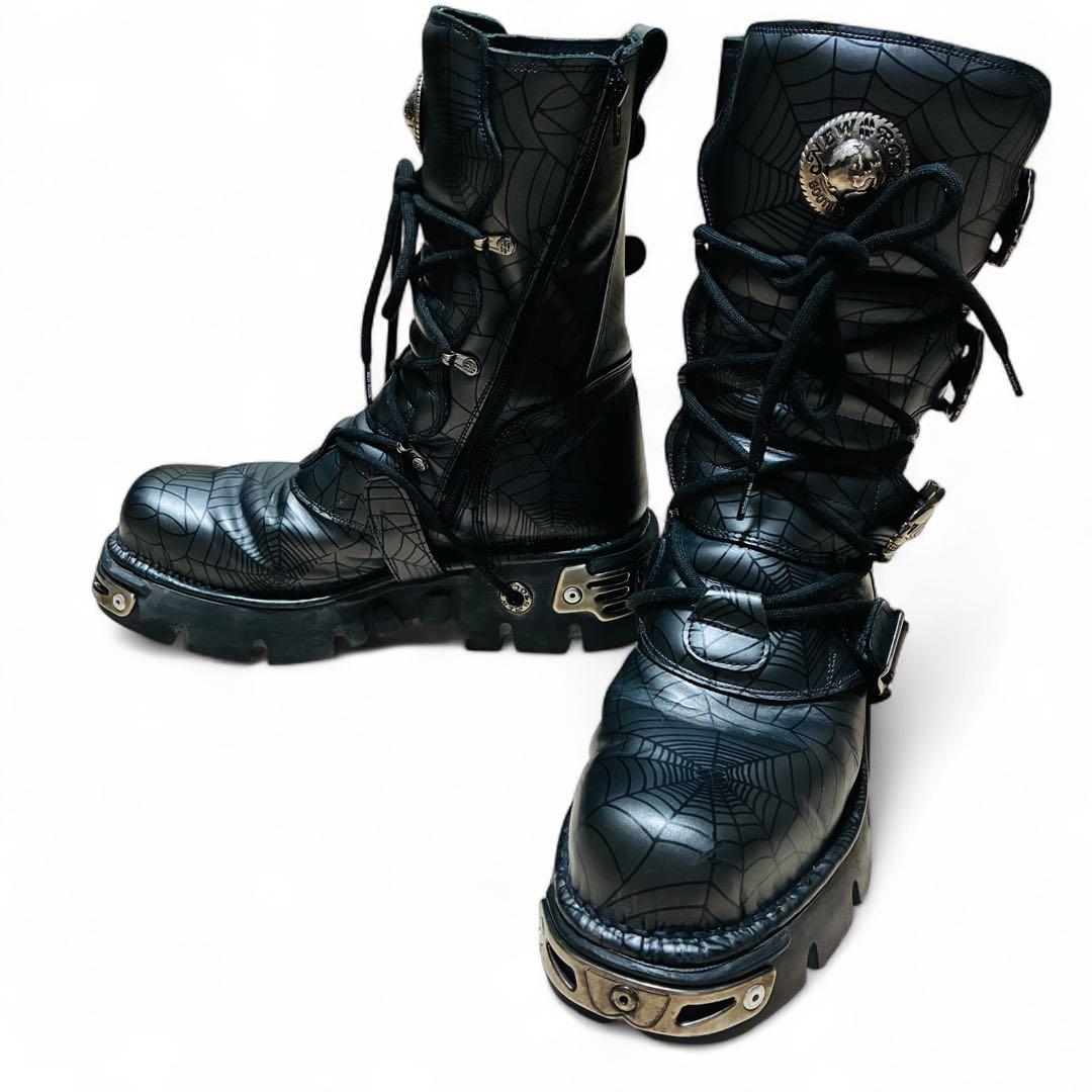 NEW ROCK ニューロック 厚底ブーツ バックル レースアップ 骸骨 ベルト