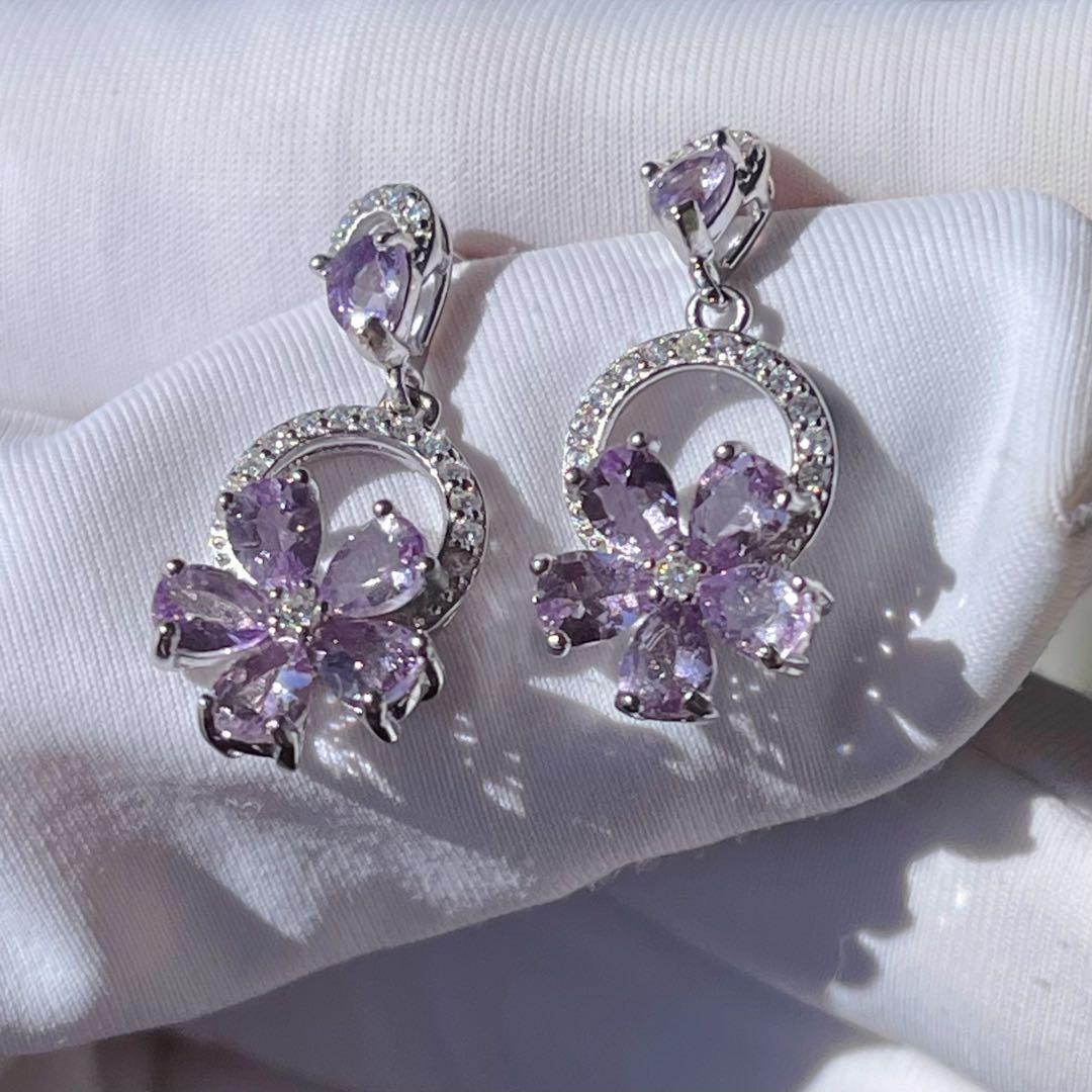 【純銀製】高品質天然ラベンダーアメジスト♡花ピアス♡(E61203060)