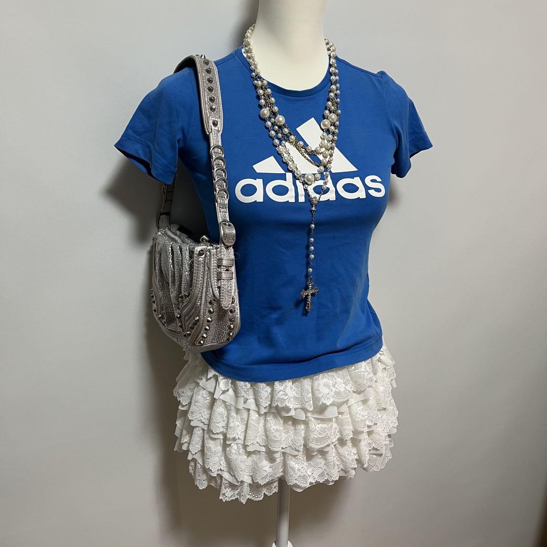 美品☆adidas ピチT 水色 Y2K グランジ ギャル アディダス y2k 00s】adidasアディダス ロゴtピチt グランジ 平成ギャル