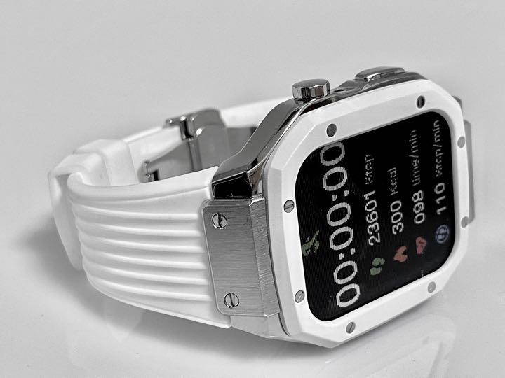 白銀Apple Watch  ラバー　バンド　ケース　カバー　アップルウォッチ