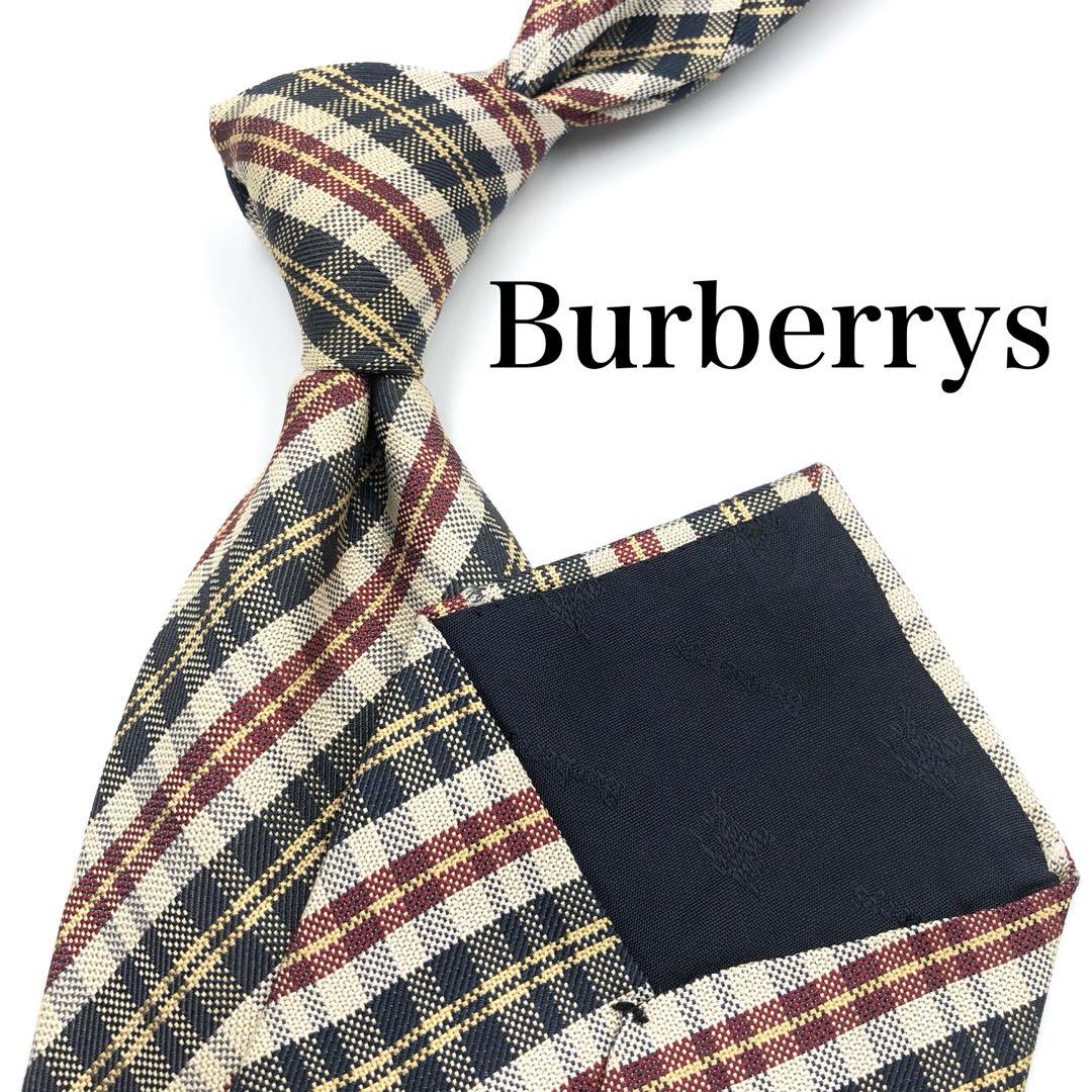 【美品】Burberrys ネクタイ ホースロゴ チェック柄 総柄 ネイビー