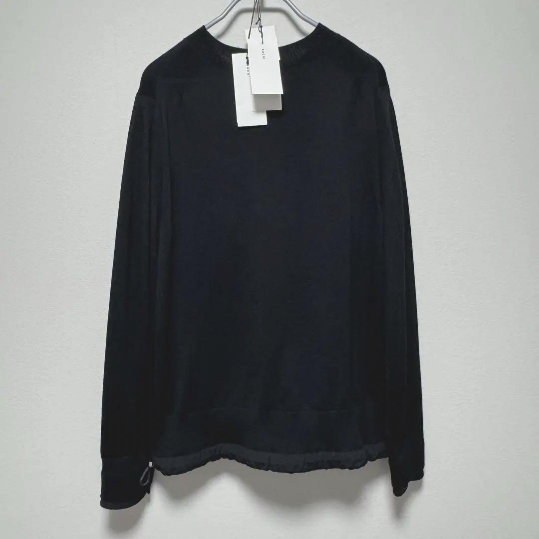 3 sacai 裾切り替えドロストWOOLニット黒 袖口シャツカフスレイヤード 画像5