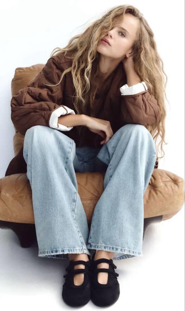 【ZARA】ザラ 36 ダブルストラップバレリーナ サテンフラットシューズ 黒