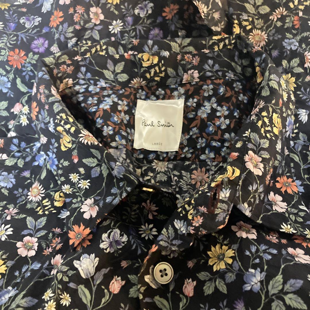シルク✨Paul Smith BLACK シアー 長袖シャツ L 花柄 ✨Paul Smith ポールスミス 長袖 花柄 ドット アート 柄シャツ L✨