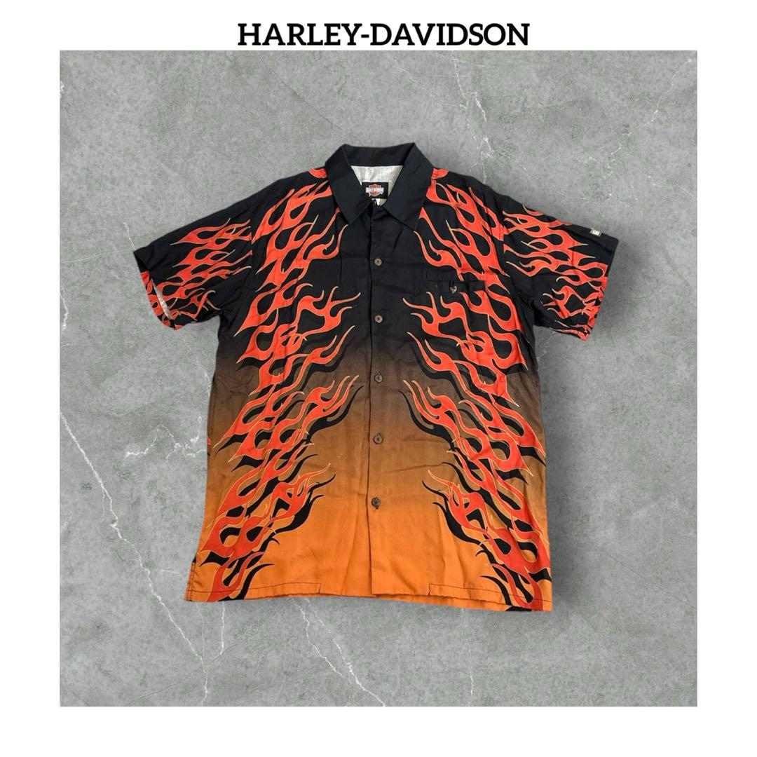 # ハーレーダビットソン　ファイヤープリント　アロハ　開襟　半袖　シャツ　L