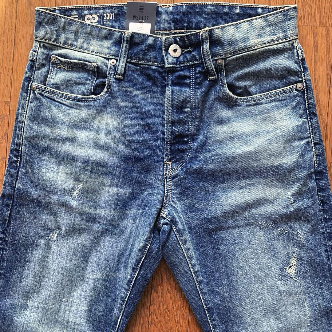 新品G-STAR RAW29ストレッチジーンズダメージリペア加工3301SLIM 新品G-STAR RAWストレッチジーンズ29ダメージリペア加工3301S