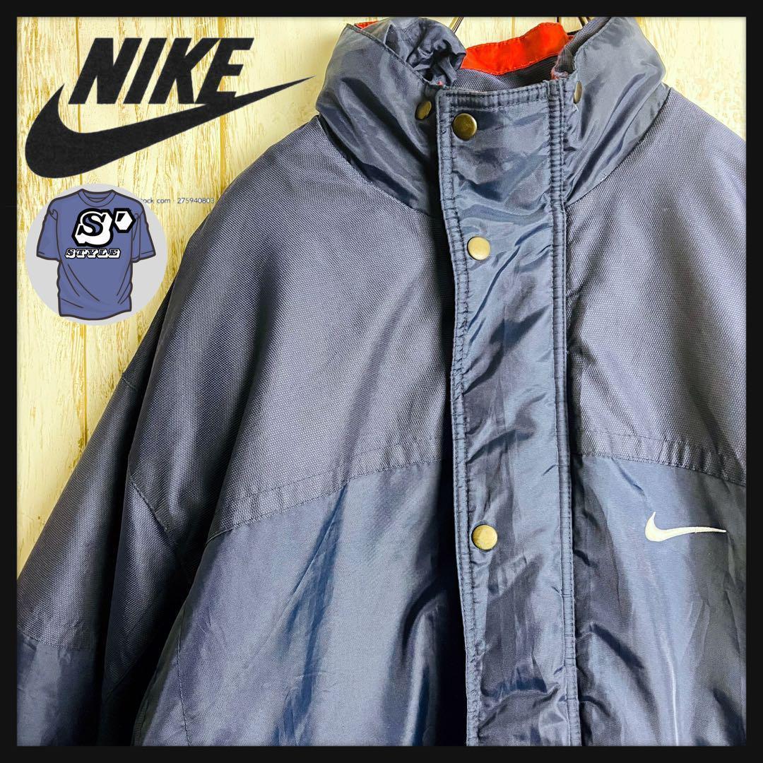 【希少デザイン】ナイキ☆両面ワンポイント刺繍ロゴナイロンブルゾン 変形フード 紺