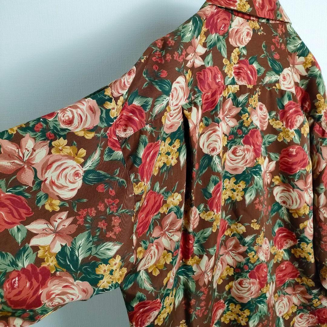 レトロ 花柄シャツ ブラウン くるみボタン バラ 日本製