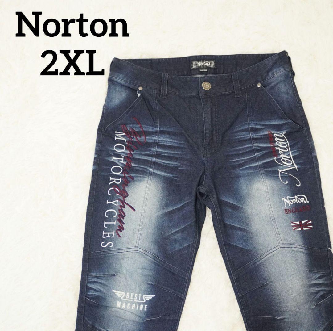 Norton　バイカー　デニム　刺繍　大きめ　ネイビー　バイク　ワークパンツ