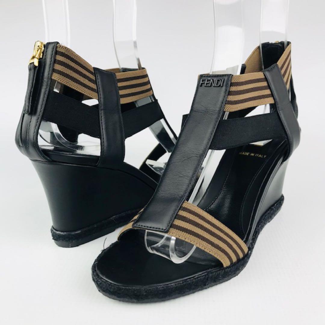 FENDI★レザーメタルロゴ付ストラップウェッジソール サンダル(34 1/2)