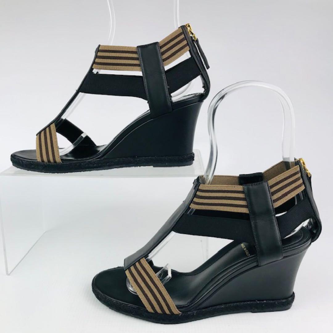 FENDI★レザーメタルロゴ付ストラップウェッジソール サンダル(34 1/2)