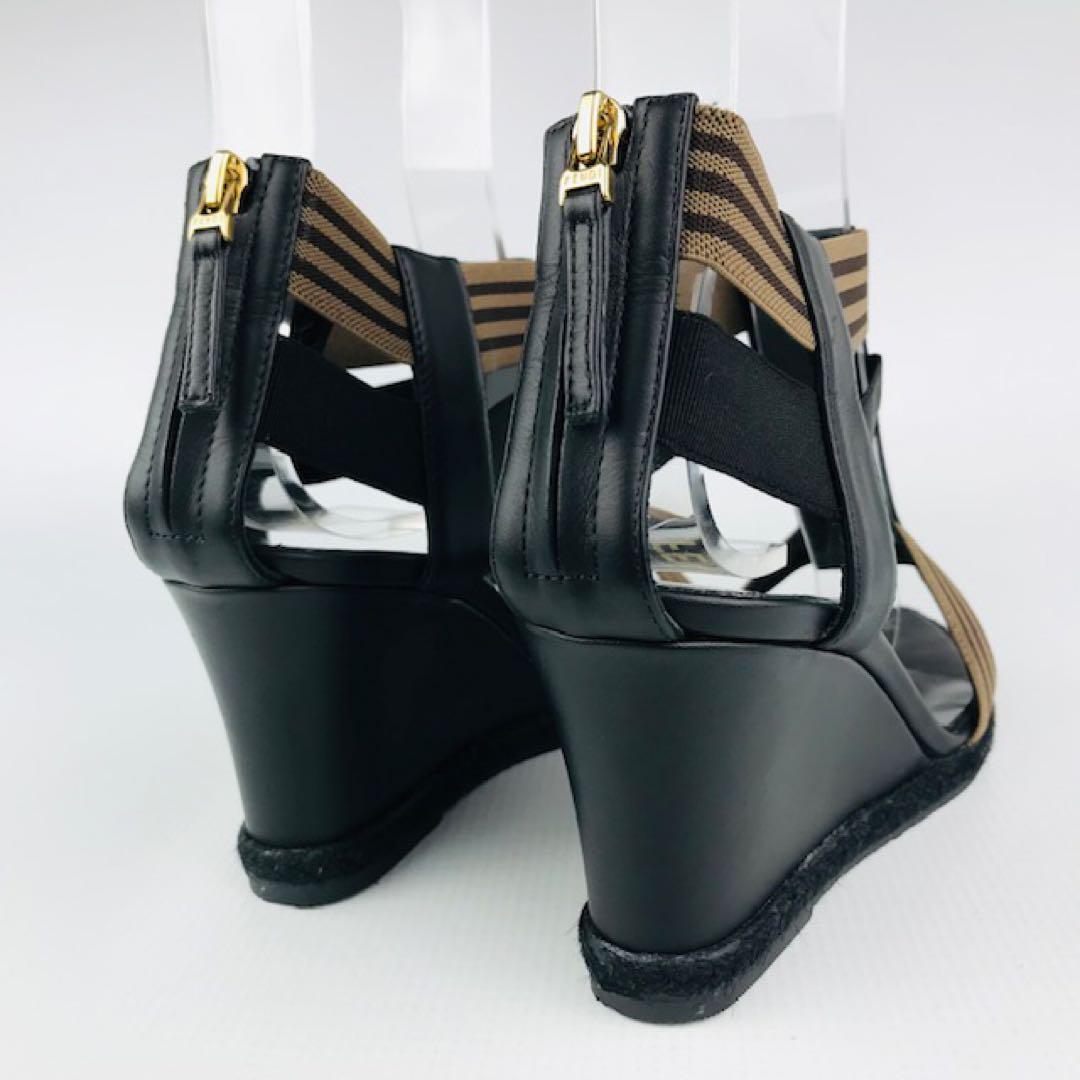 FENDI★レザーメタルロゴ付ストラップウェッジソール サンダル(34 1/2)