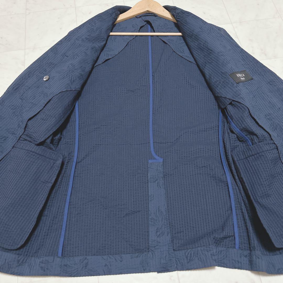 希少XL✨エポカウォモ　シアサッカー　サマージャケット　リーフ柄　ネイビー