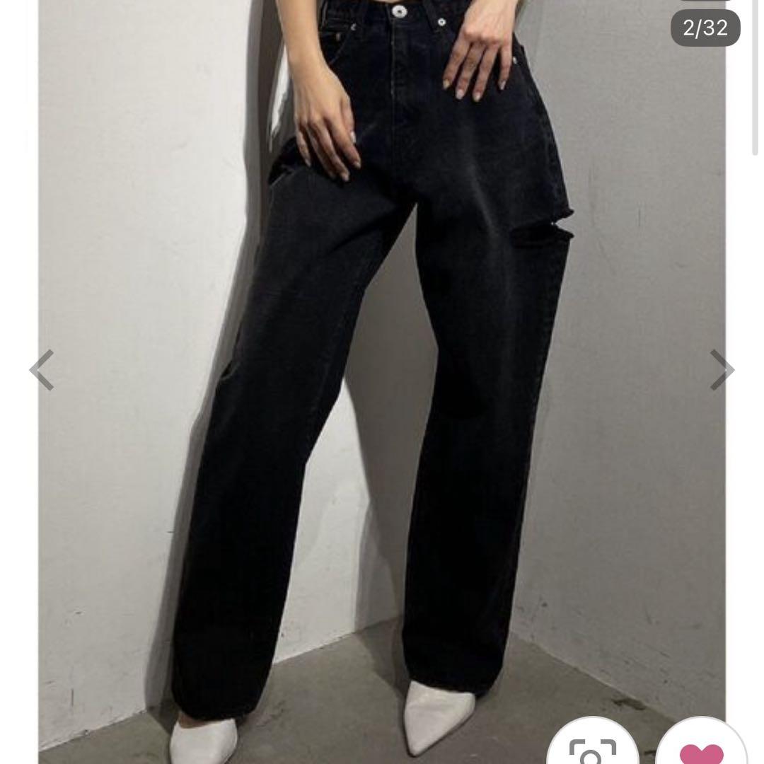 パンツ デニム ジーンズ ハイウエストサイドダメージワイドデニムパンツ