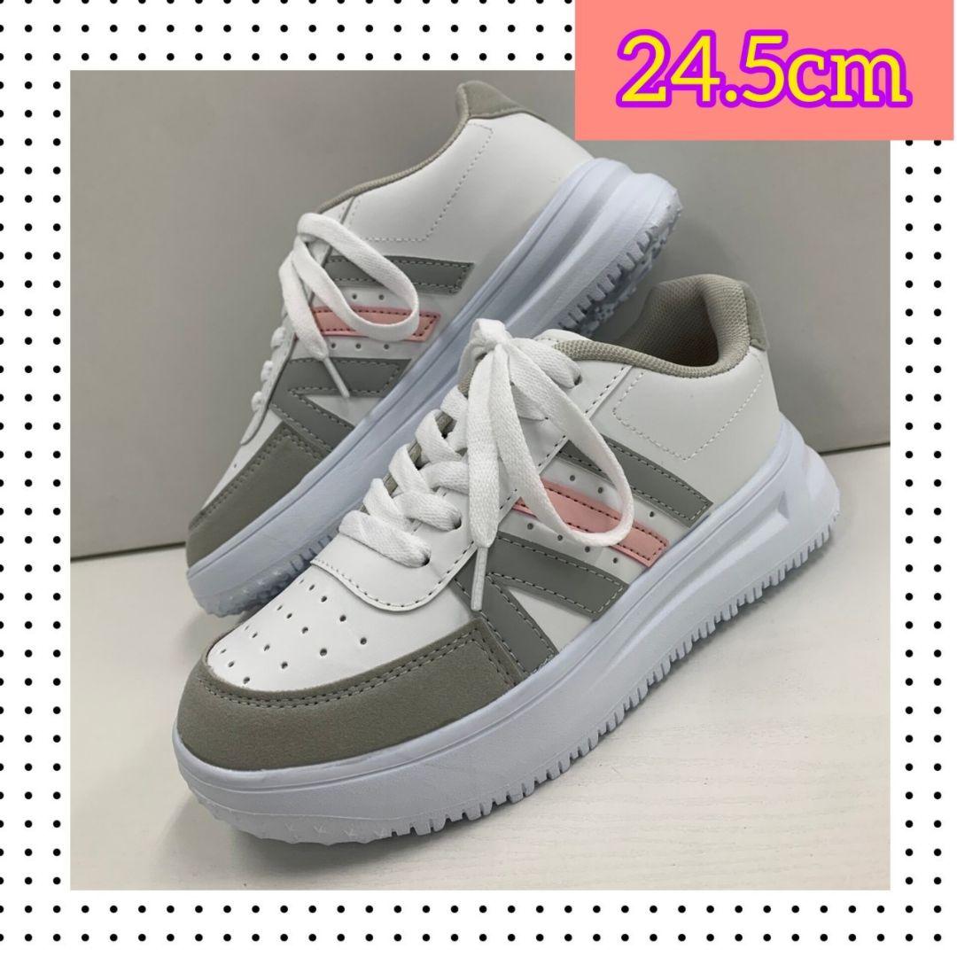 24.5m★新品★レディース 厚底 フェイクレザーシューズ グレーピンク