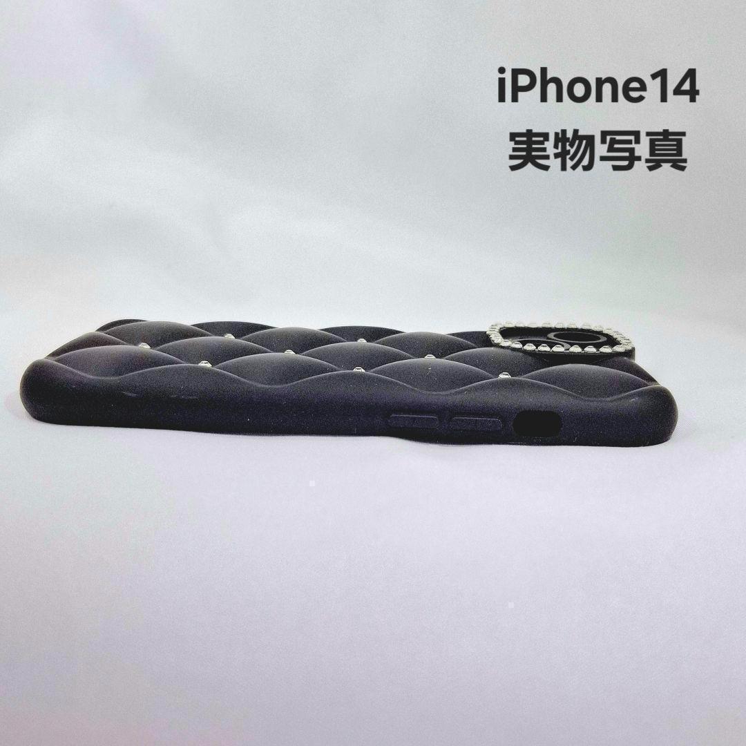 ☆iPhone14キルティングスマホケース ラインストーン☆ ブラック