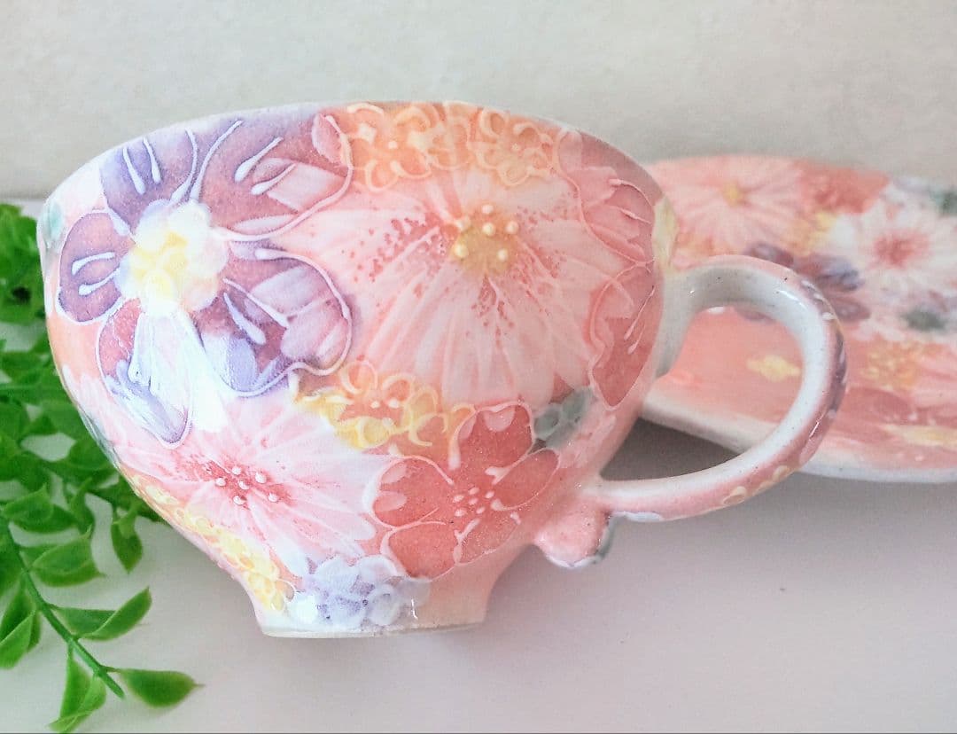 ゆずりは工房 コーヒーカップ&ソーサー(紅彩花間取) 工房ゆずりは