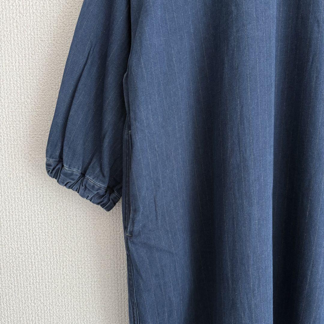 【極美品】45R インディゴ ドレス 襟切り替え ストライプ
