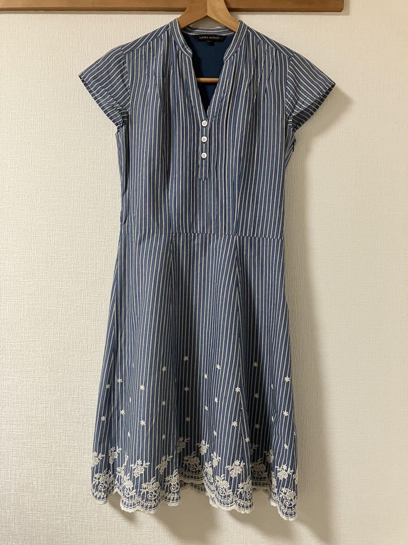 ［ローラアシュレイ］ストライプ刺繍入りフレンチ袖ワンピース