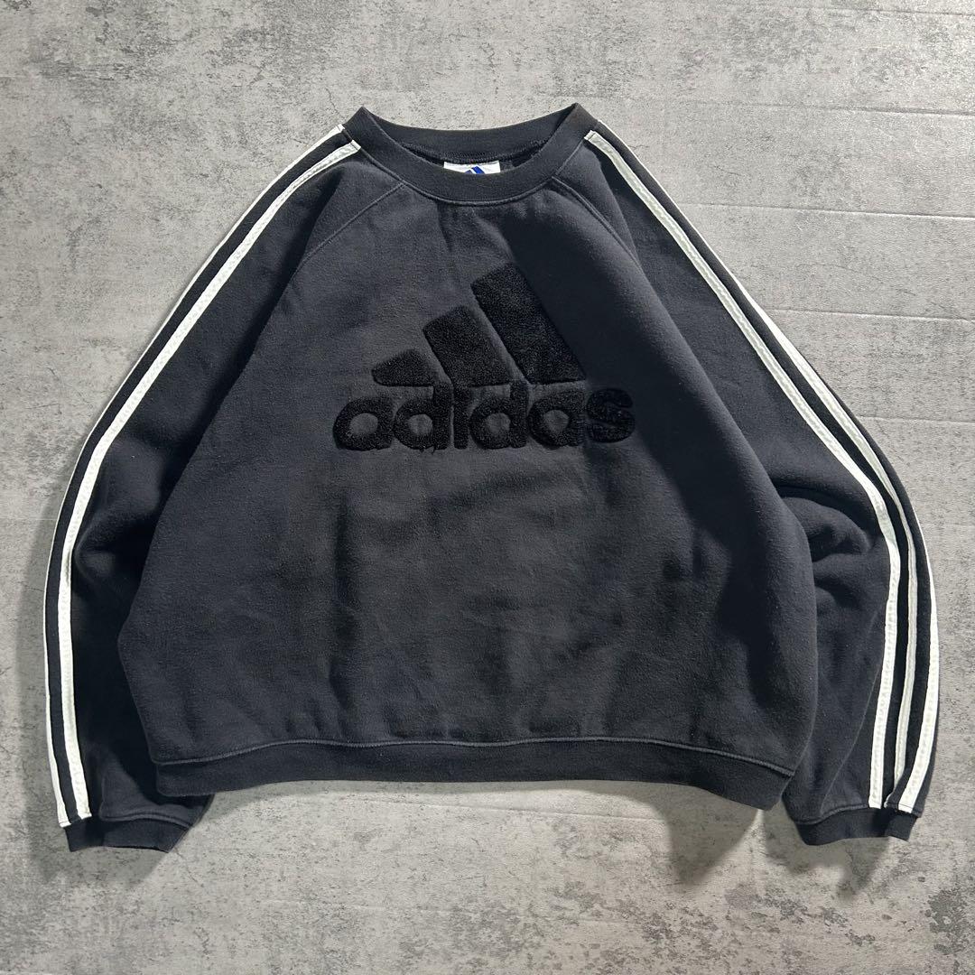 adidas スウェット 刺繍ロゴ 短丈 フェード ブラック 黒 90s 古着