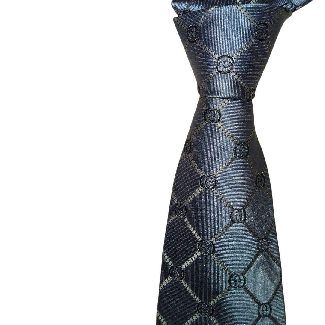 良品　GUCCI　ネクタイ　GG　総柄　シルク　メタルブルー系　ブランド